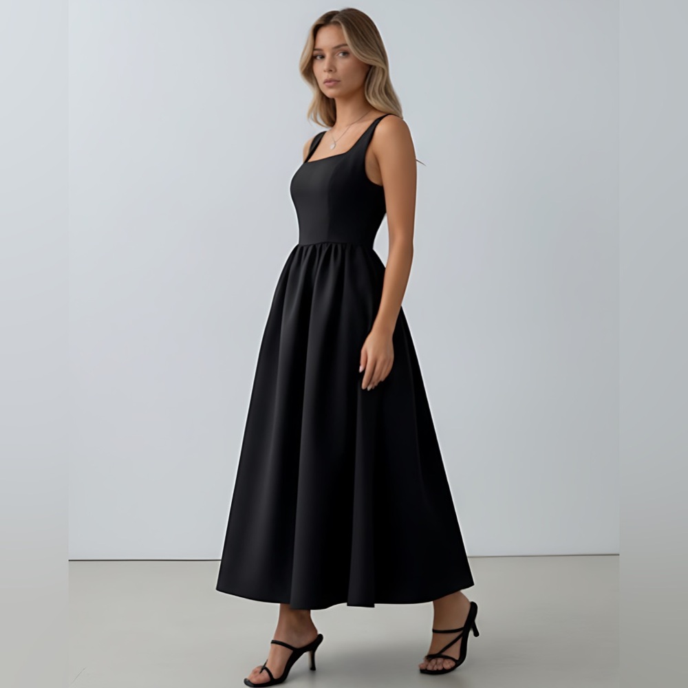 Classic Sleeveless V-Neck Ruffled Waist Fitted Midi Dress Black
